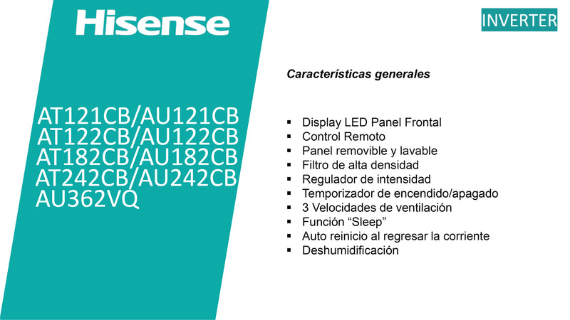 MINISPLIT INVERTER SOLO FRIO 1 TR (12000 BTU) R410A 220V/1F/60HZ HISENSE AT122CB