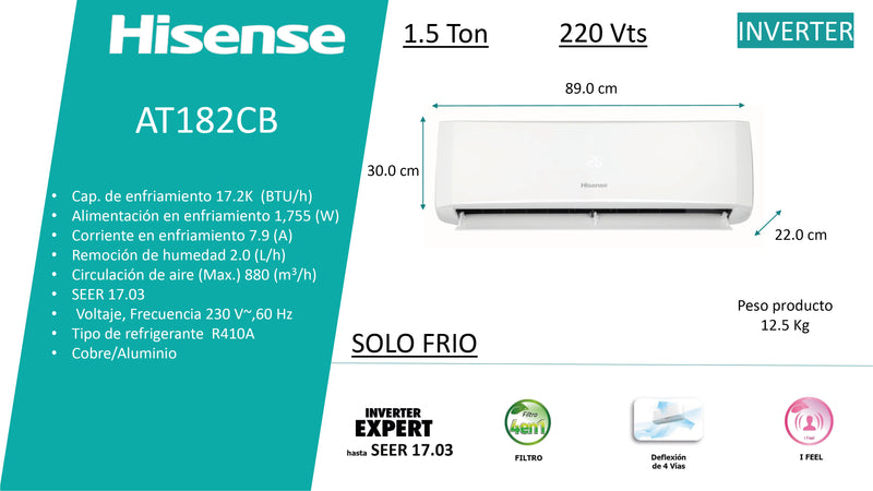 MINISPLIT INVERTER SOLO FRIO 1.5 TR (18000 BTU) R410A 220V/1F/60HZ HISENSE AT182CB