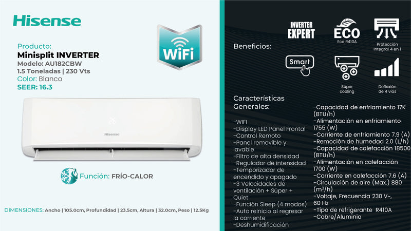 MINISPLIT INVERTER FRIO/CALOR 1.5 TR CON WI FI (18000 BTU) 220V/1F/60HZ HISENSE AU182CBW