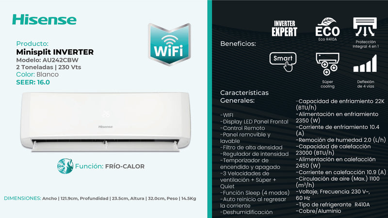 MINISPLIT INVERTER FRIO/CALOR 2 TR CON WI FI (24000 BTU) 220V/1F/60HZ HISENSE AU242CBW