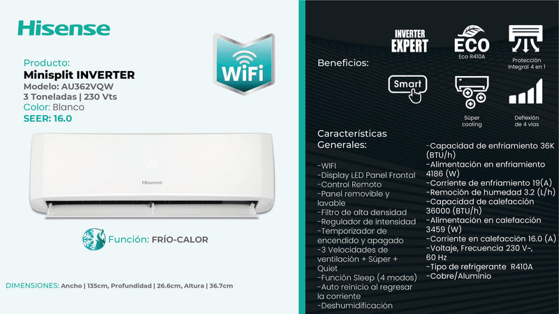 MINISPLIT INVERTER FRIO/CALOR 3 TR CON WI FI (36000 BTU) 220V/1F/60HZ HISENSE AU362VQW