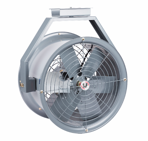 VENTILADOR TUBOAXIAL DE APOYO DIRECCIONADOR DE AIRE PARA MONTAJE EN PARED CON  BRAZO DE PALANCA PARA MONTAJE EN PARED, MALLAS DE PROTECCION EN SUCCION Y DESCARGA SOLER & PALAU